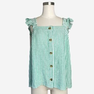 Jcrew Factory NWT Linen button tank ruffle straps green white striped preppy M
